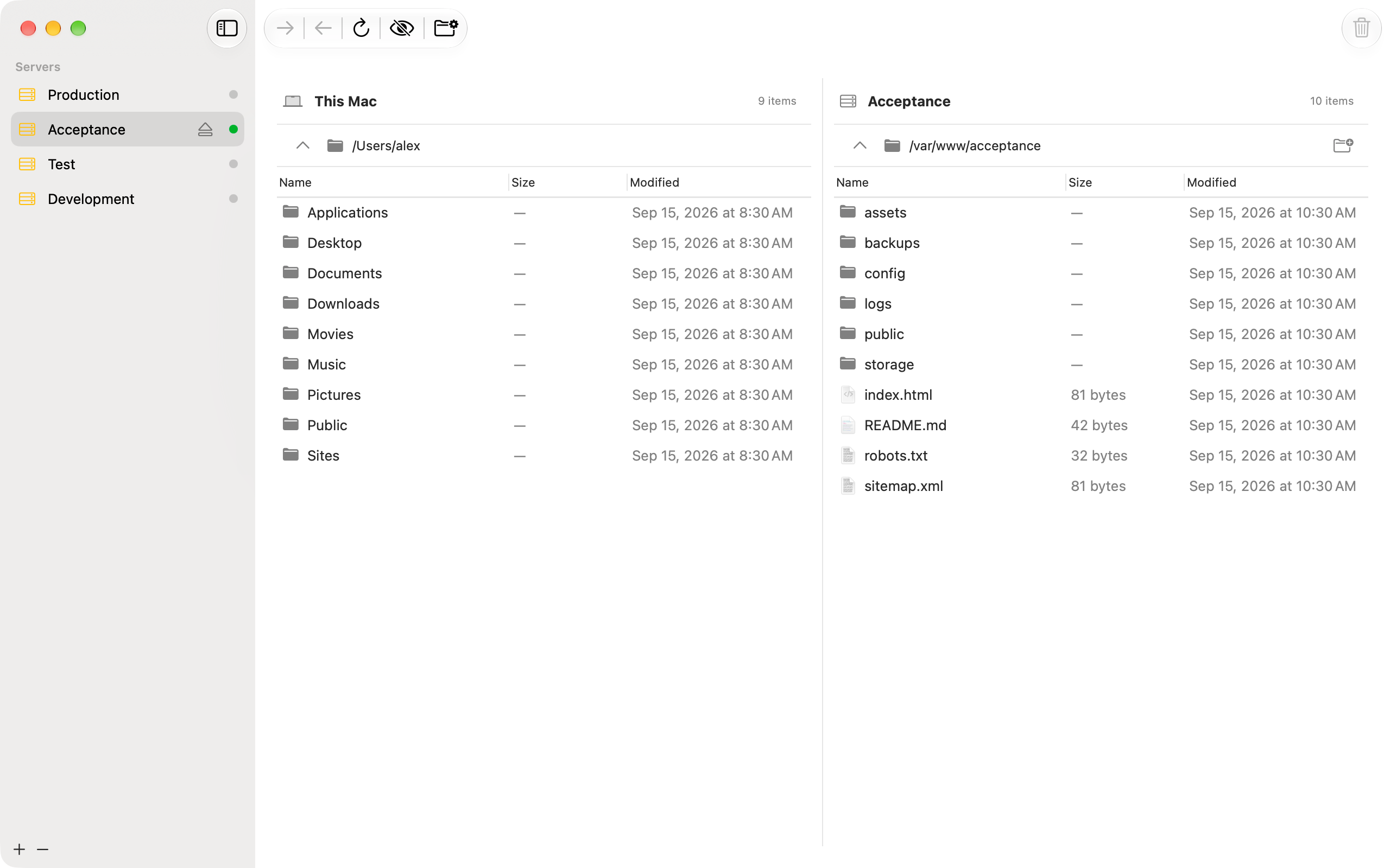 Your Mac and FTP server, side by side.