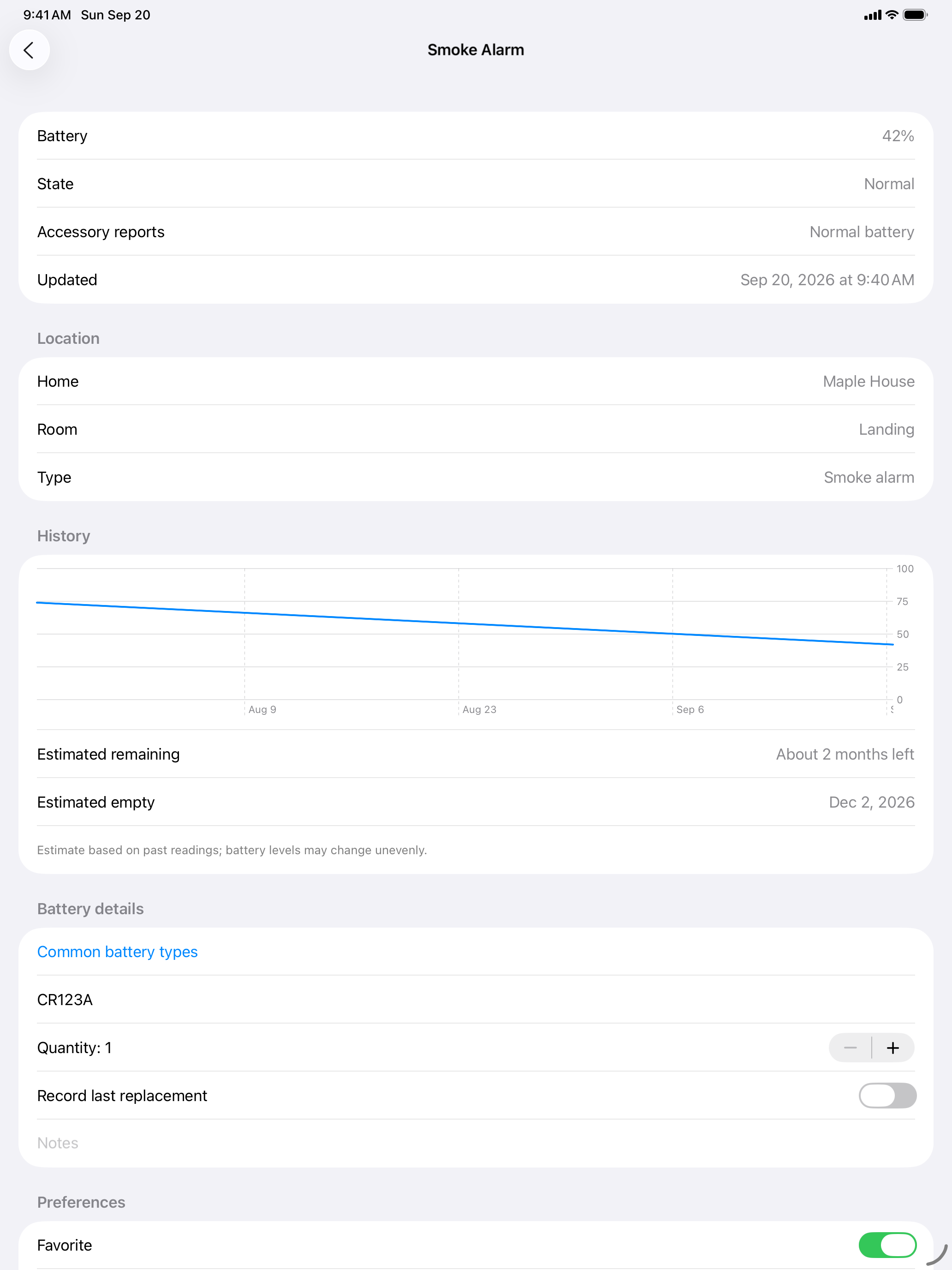 Battery history and device details on iPad.