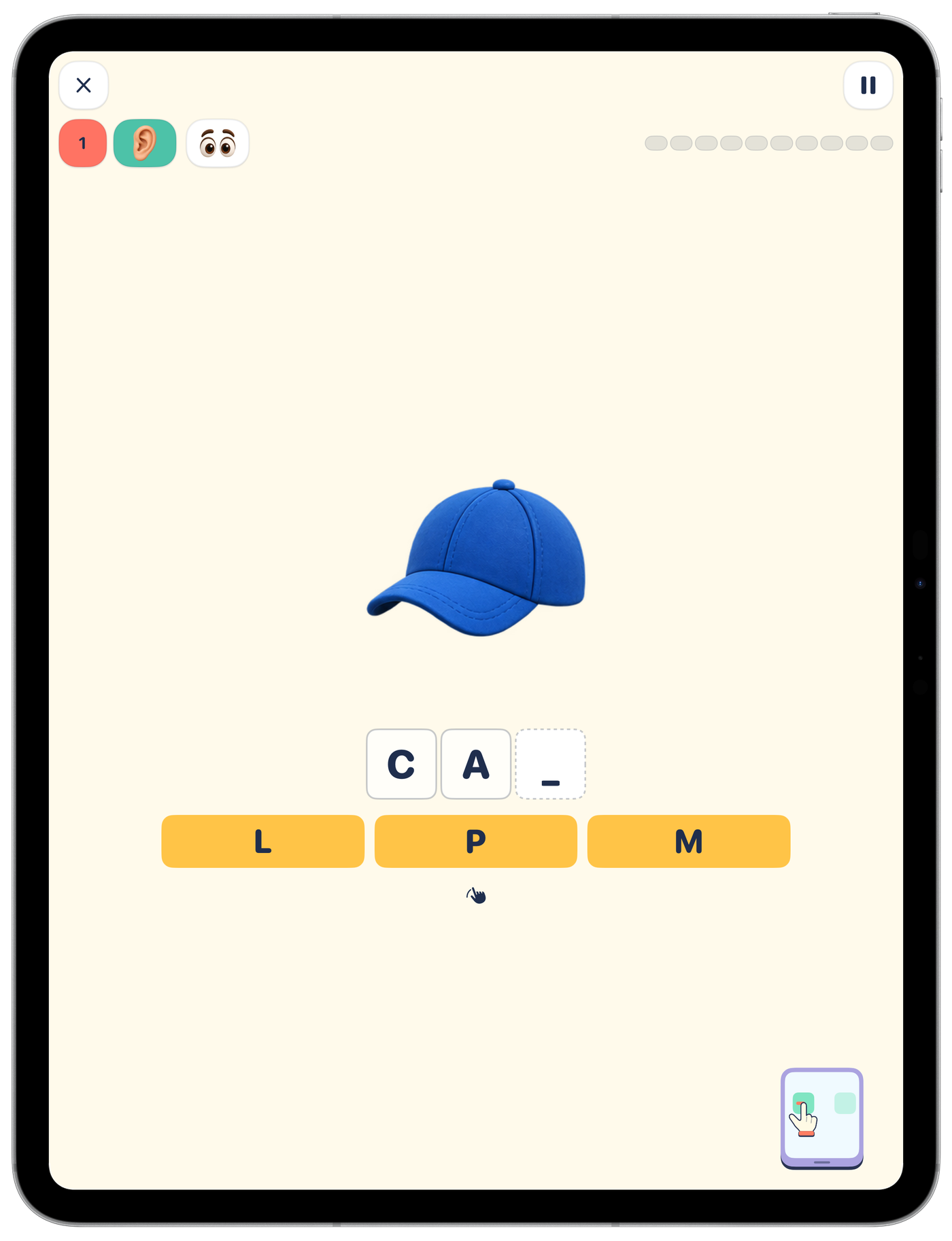 Letter Play on iPad: listen and find the missing letter