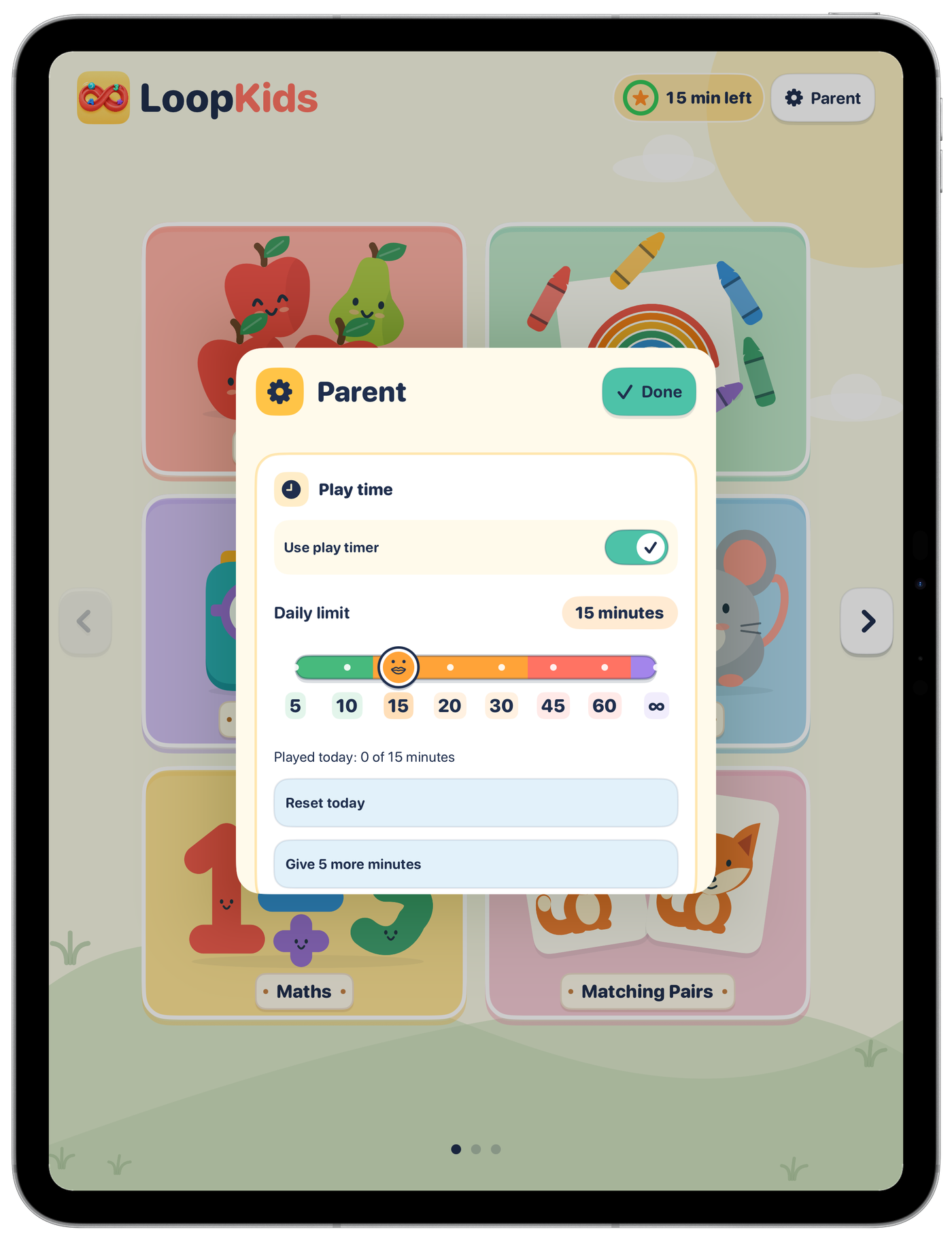 Parent controls on iPad: choose a playtime limit or turn off the timer