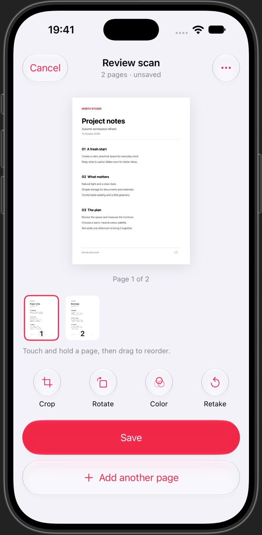 Review, adjust and reorder multiple pages before saving.