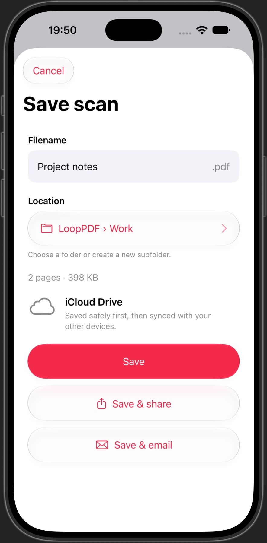 Name your PDF, choose a folder and save or share with iCloud Drive.