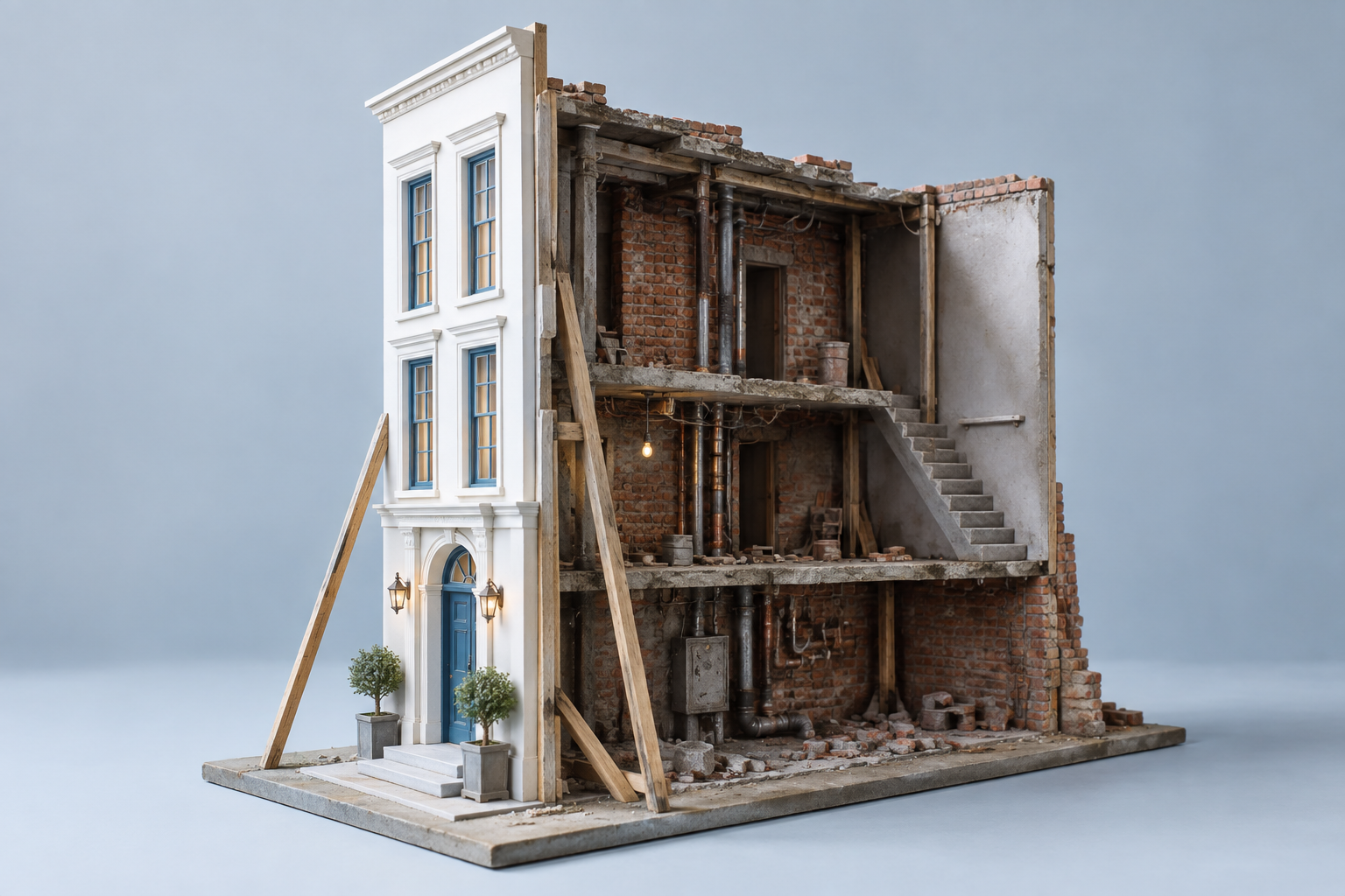 An elegant white and blue facade propped against an unfinished building with exposed pipes, damaged floors and improvised supports.